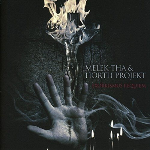 Dark album cover with burning crucifix, hand, and lit candles, surrounded by smoke.