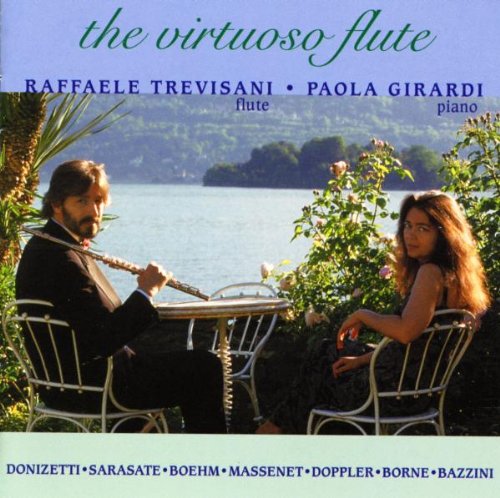"CD cover featuring a man playing flute and a woman by a lake."