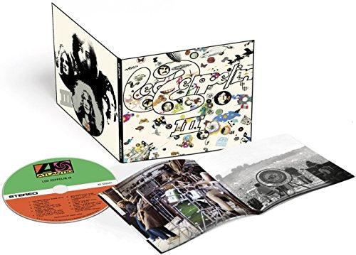 "Led Zeppelin III album cover with collage of images on beige background."