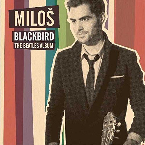 Man in suit holding guitar, album cover with colorful stripes and text "Milos Blackbird".