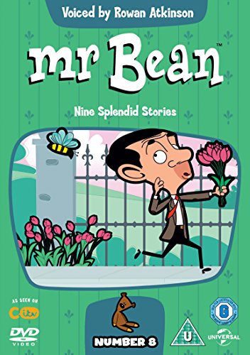 "Mr. Bean DVD cover featuring cartoon Mr. Bean on a beach chair."