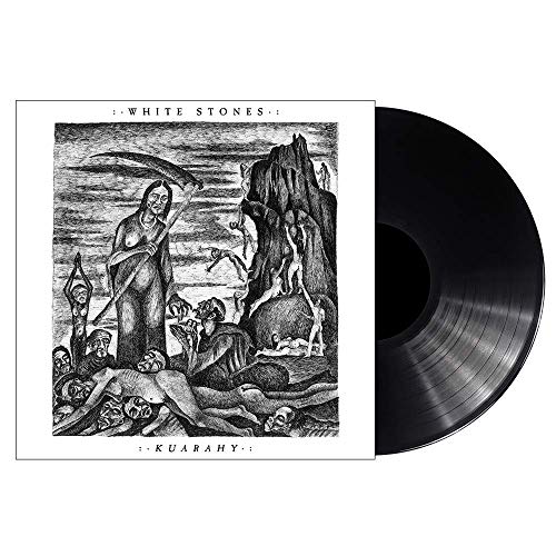 "Black and white album cover art featuring a grim reaper and corpses."