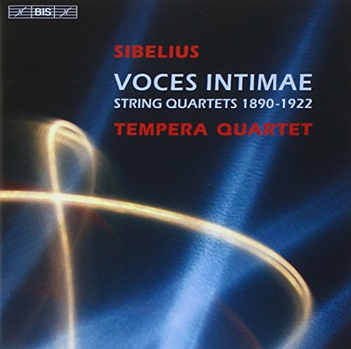 "Album cover with blue and black background, featuring 'Sibelius Voces Intimae' in white and red text."