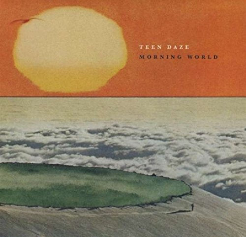 "Album cover with orange sky, sun, clouds, and green land, titled 'Teen Daze - Morning World'."