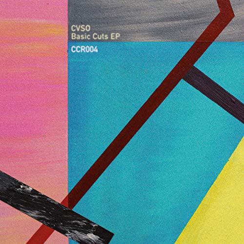 "Vinyl record cover with abstract geometric design in pink, blue, yellow, and gray."