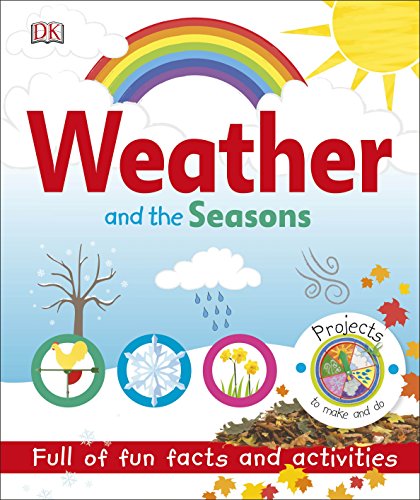"Children's book cover featuring 'Weather and the Seasons' with rainbow, clouds, and seasonal icons."