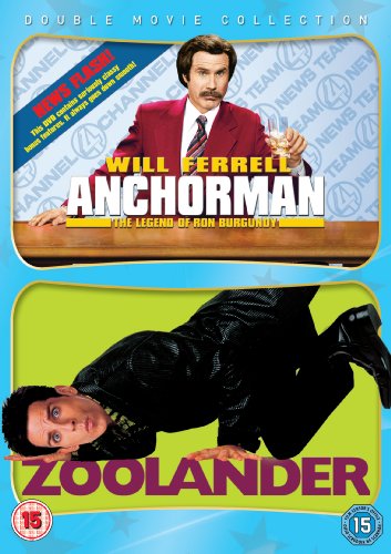 DVD cover for "Anchorman" and "Zoolander" double movie collection, featuring Will Ferrell and Ben Stiller.