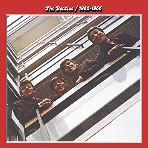 "Red album cover with The Beatles leaning over a railing, titled 'The Beatles 1962-1966'."