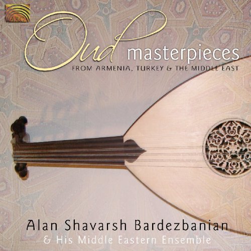 "Oud Masterpieces" CD cover featuring an ornate oud instrument against a patterned background.