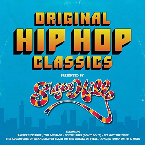 "Vinyl album cover with 'Original Hip Hop Classics' text on blue background."