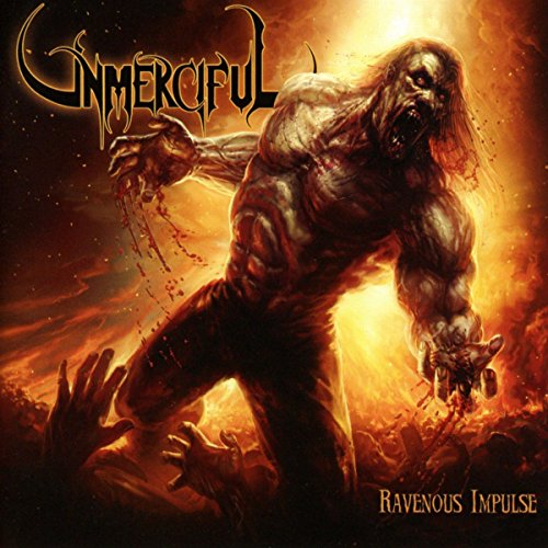 "Album cover art featuring a grotesque, zombie-like figure amidst flames and hands."