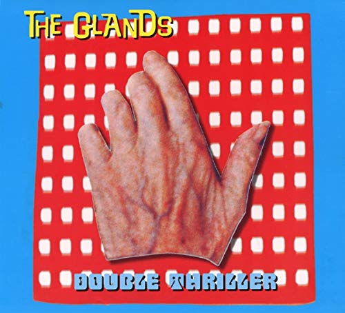 "Album cover with a hand on a red grid, blue border, and text."