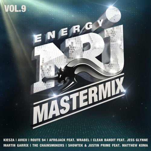 "CD cover with 'Energy Mastermix 9' title, silver letters, and starry night sky background."
