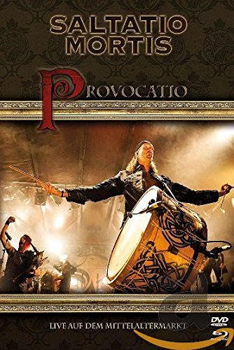 "Saltatio Mortis DVD cover featuring a man playing a drum on stage with band."