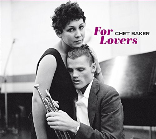 "Black and white album cover with man holding trumpet and woman embracing him."