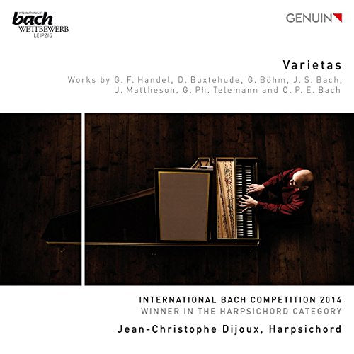 "CD cover featuring a man playing a harpsichord, with text describing the music contents."