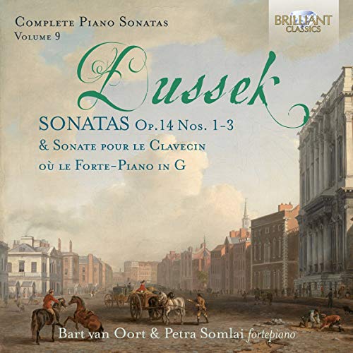 CD cover with Dussek piano sonatas, featuring 18th-century cityscape and horse-drawn carriages.