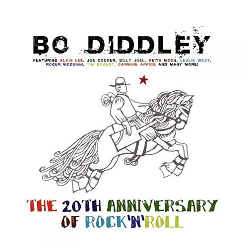 "Bo Diddley album cover with a man riding a horse, white background."