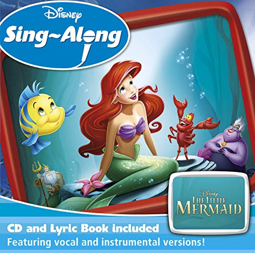 Ariel, Flounder, Sebastian, and Ursula on a Disney Sing-Along CD cover with red frame.