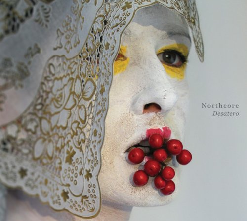 "Album cover featuring a white face with red berries in its mouth."