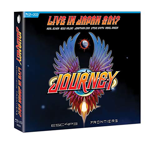 "Blu-ray cover art for Journey's 'Live in Japan 2017' with stylized winged logo."
