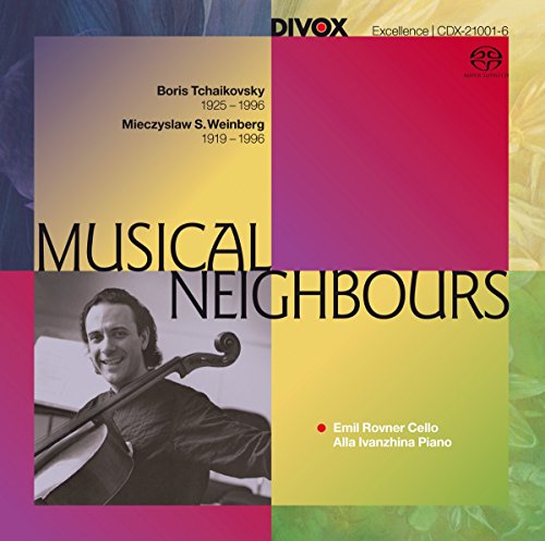 CD cover with a cellist and multicolored geometric background, titled "Musical Neighbours".