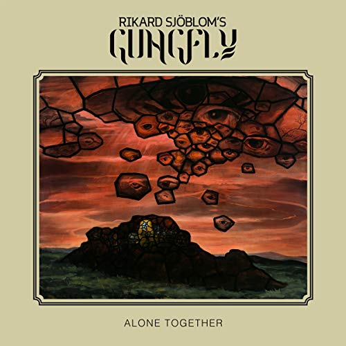 "Album cover art: surreal landscape with rocky outcrop and floating eyes, beige background."