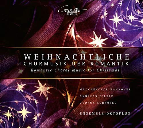 "Christmas CD cover with dark background, ribbons, and stars, featuring white text."