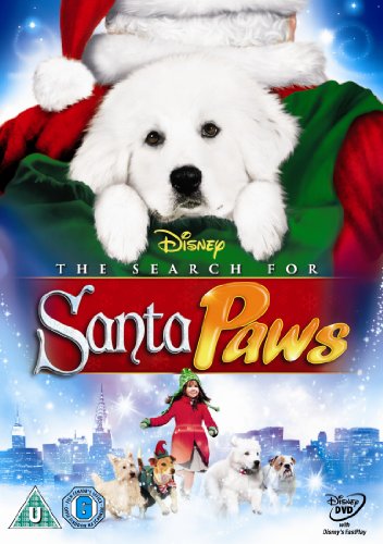 "Disney DVD cover featuring a white puppy in Santa's arms and dogs in a snowy city."