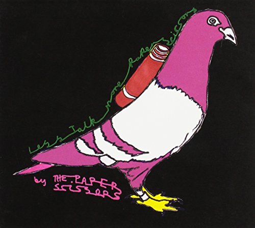 "Album cover featuring a cartoon pigeon holding a red bottle, on a black background."