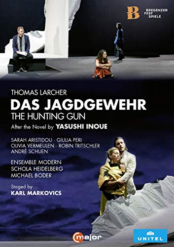 DVD cover for "The Hunting Gun" opera, featuring a man and woman on rocks.