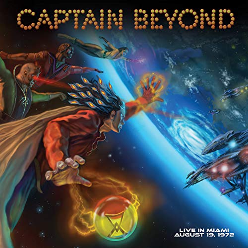 "Album cover art with 'Captain Beyond' title and futuristic, fantastical scene with flying figures."