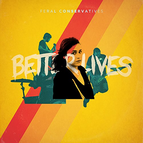 "Album cover with yellow and red stripes, featuring a woman and band silhouettes."