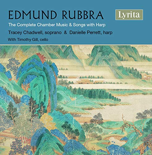"CD cover with blue background, landscape painting, and text about Edmund Rubbra's music."