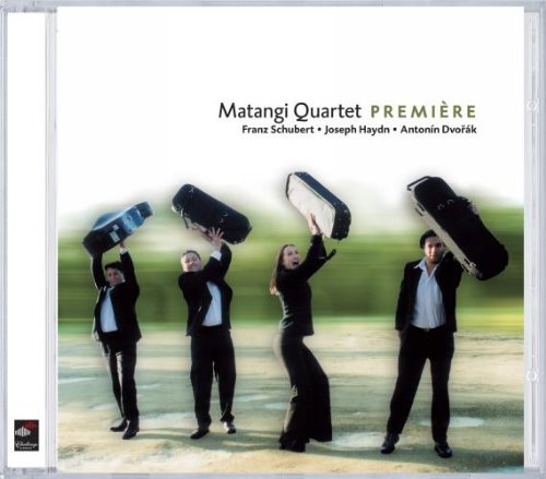 CD cover featuring the Matangi Quartet tossing violin cases, formal attire, outdoors.