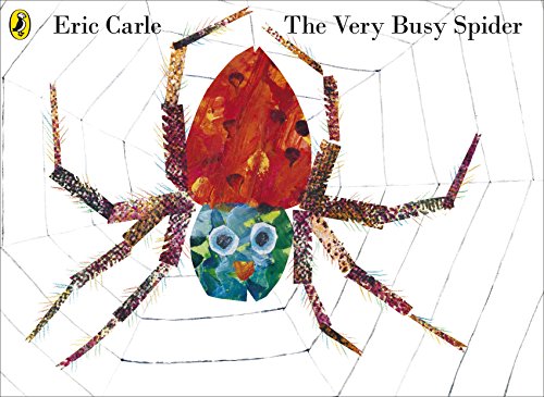 "The Very Busy Spider" book cover featuring a colorful spider on a web.