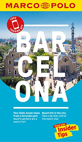 "Travel guide cover with 'Barcelona' in large white text, featuring a cityscape image."