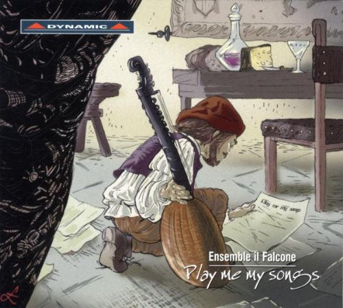 "CD cover art: man playing lute, surrounded by papers, with wine and cheese nearby."