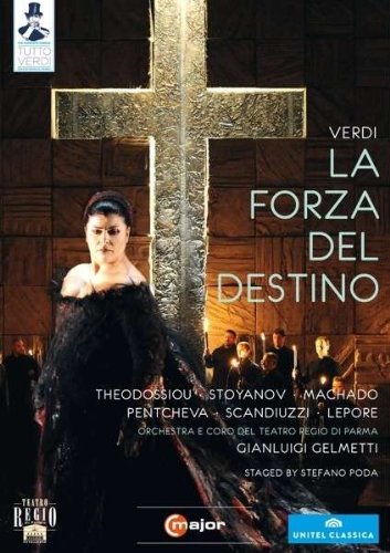 DVD cover for Verdi's "La Forza del Destino" featuring a woman in black by a cross.