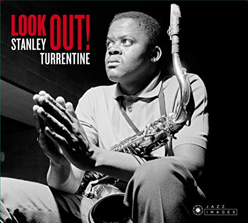 Black and white image of man holding saxophone with red and white text overlay.