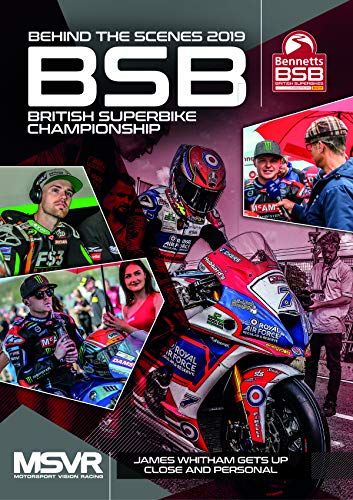 DVD cover featuring motorcyclists and pit crew with title "Behind the Scenes 2019 BSB".