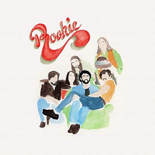 The image depicts a watercolor-style illustration of a band, "Rookie", on a vinyl record cover. For accessibility purposes, a suitable alt text could be: "Watercolor illustration of five band members on a couch."