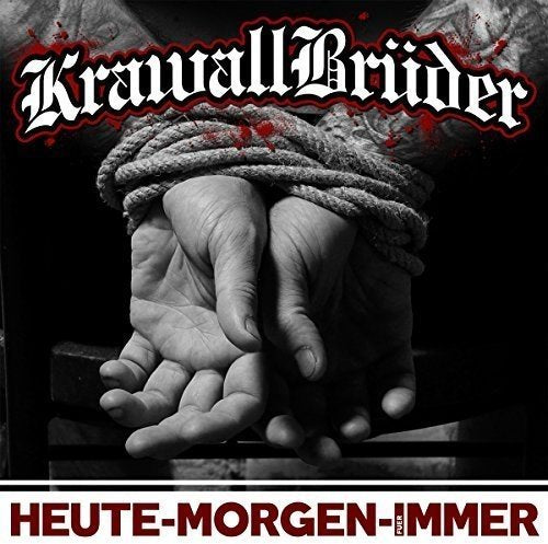 Bound hands with rope, black and white image, red text and accents.