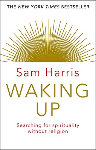 The image depicts the cover of the book "Waking Up" by Sam Harris. A suitable alt text for this image could be: "Book cover with gold sunburst and red and gold text."