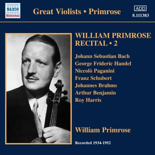 CD cover with a black-and-white photo of William Primrose holding a viola on blue background.