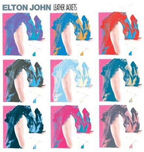 Elton John's "Leather Jackets" CD cover with abstract colorful jacket images.