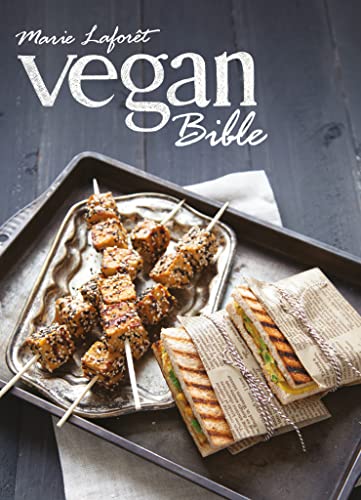 Book cover titled Vegan Bible showing sesame tofu skewers and grilled sandwiches on trays.