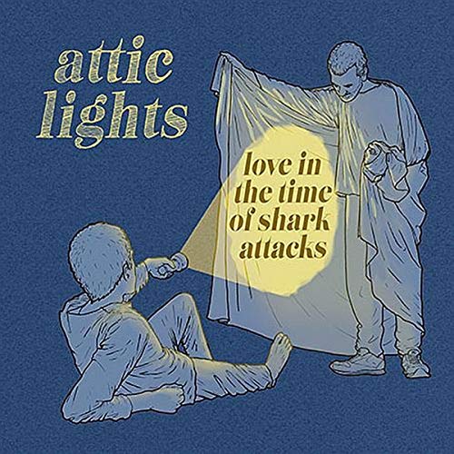 "Album cover with illustration of two men and a flashlight on a blue background."