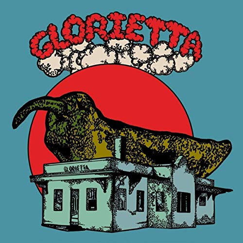 "Album cover with a building, lizard, and red sun on a blue background."