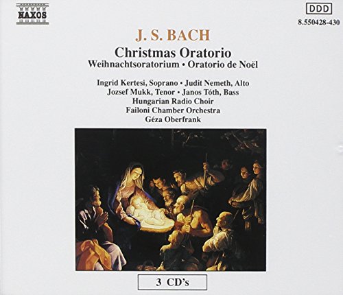 A white CD cover featuring a nativity scene painting and text describing Bach's Christmas Oratorio.